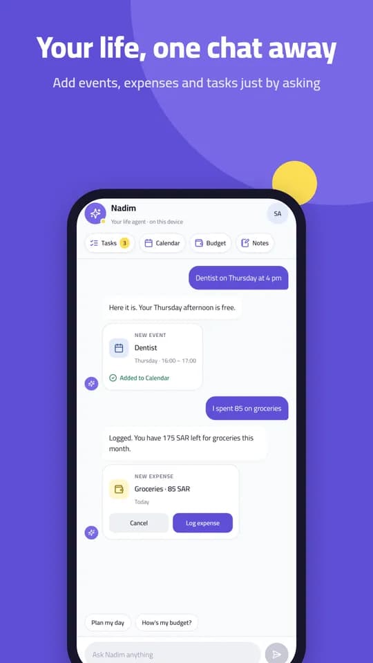 Nadim: Chat with Nadim to add events, expenses and tasks