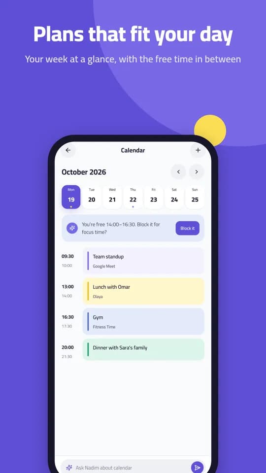 Nadim: Calendar showing the week and free time