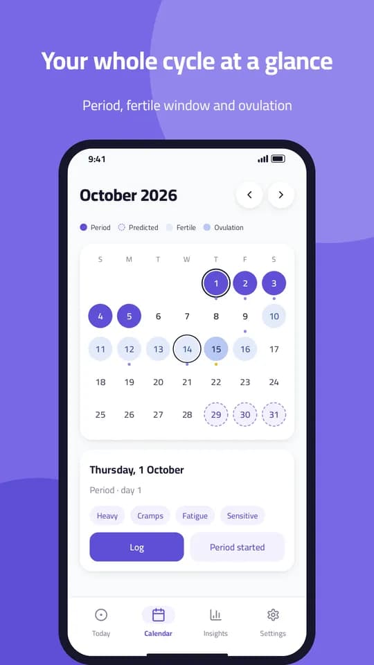 Tazwat Cycle: Month calendar with period and fertile days
